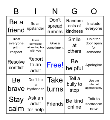 Anti Bullying and Kindness Bingo Card