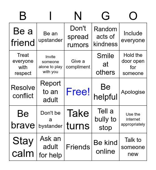 Anti Bullying and Kindness Bingo Card