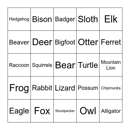 Wildlife Bingo Card