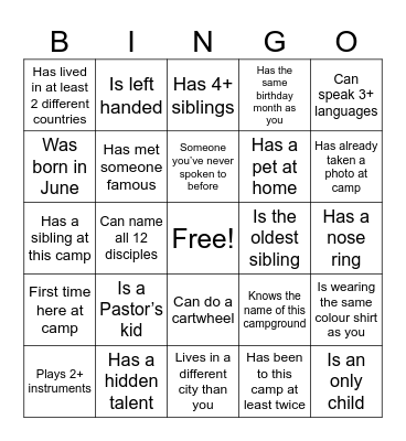 Pursuit Camp Bingo Card