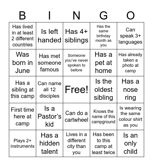 Pursuit Camp Bingo Card