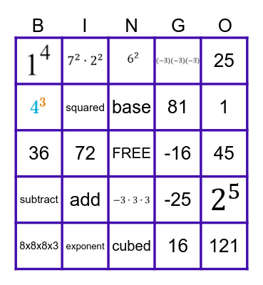 Intro to Exponents BINGO Card
