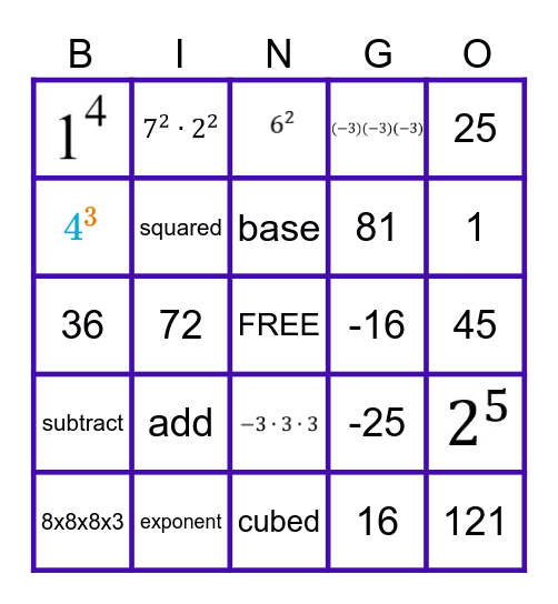 Intro to Exponents BINGO Card