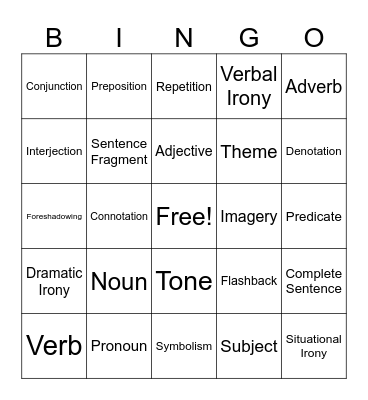 English 1 Bingo Card