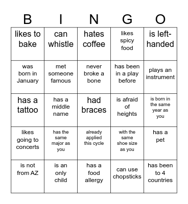 PDS Find a friend who Bingo Card