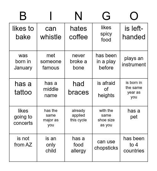 PDS Find a friend who Bingo Card
