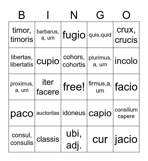 BINGO LATIN VOCAB LESSONS 1-3 Bingo Card