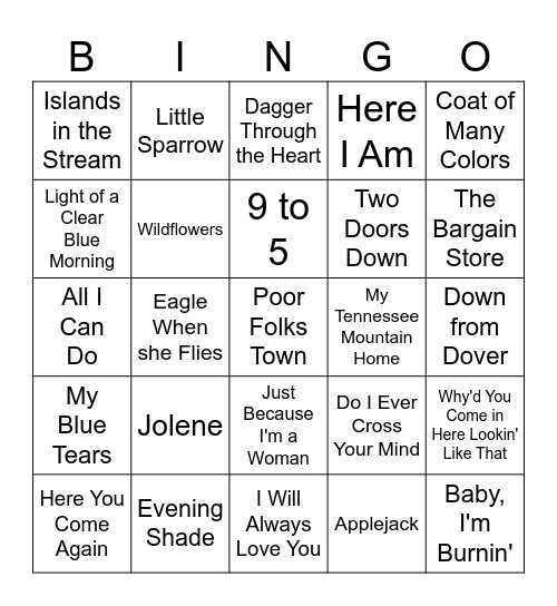 Dolly Parton Songs Bingo Card