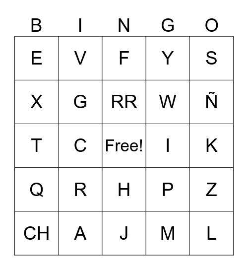 Spanish Alphabet Bingo Card