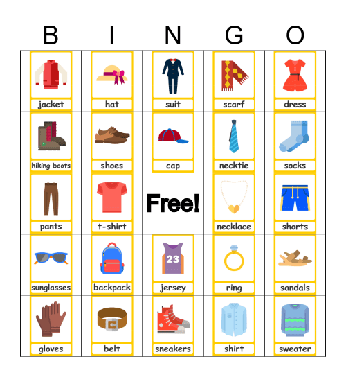 Clothing Bingo Card