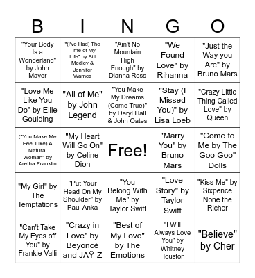 Love Song Singo Bingo Card