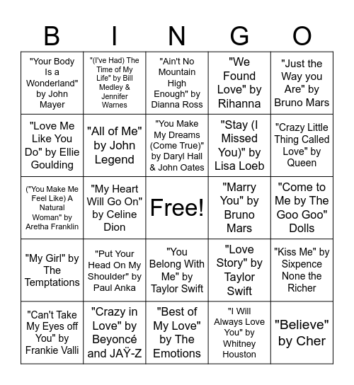 Love Song Singo Bingo Card