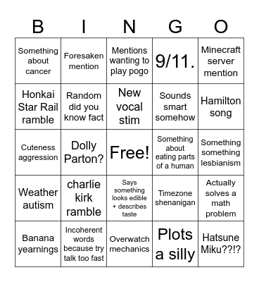 Jay’s Unhinged Rambling Bingo Card