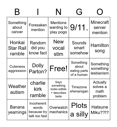 Jay’s Unhinged Rambling Bingo Card