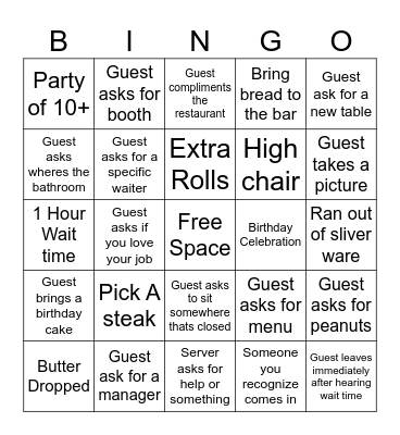 Texas Roadhouse Bingo Card