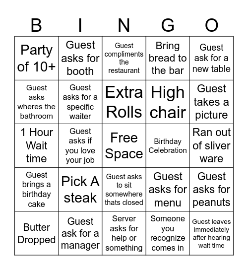 Texas Roadhouse Bingo Card