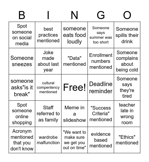 Professional Development Bingo Card