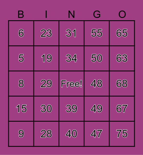 Number Bingo 1-75 Bingo Card