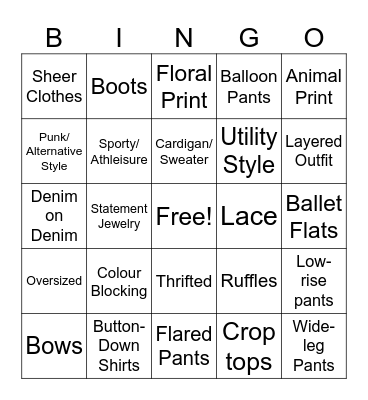 Fashion Bingo Card