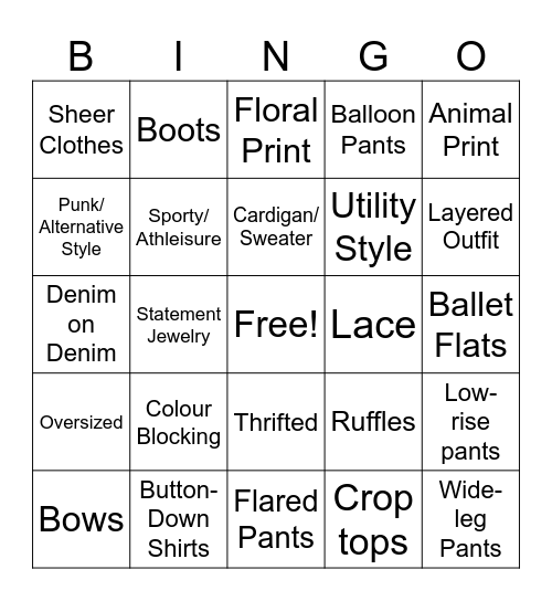 Fashion Bingo Card
