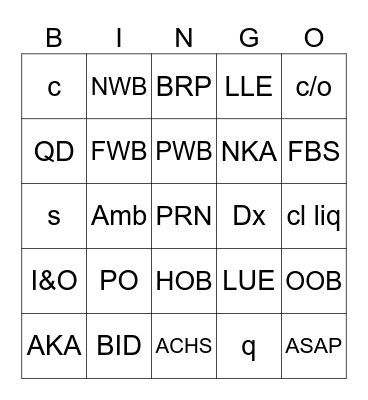 CNA Abbreviations Bingo Card