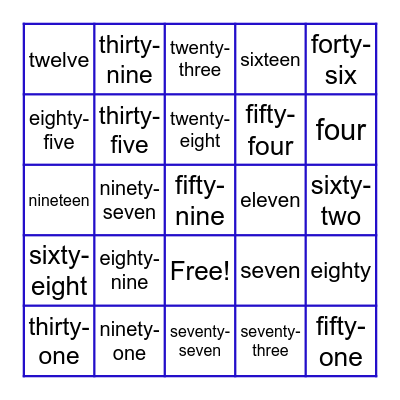 Number Words to 100 Bingo Card