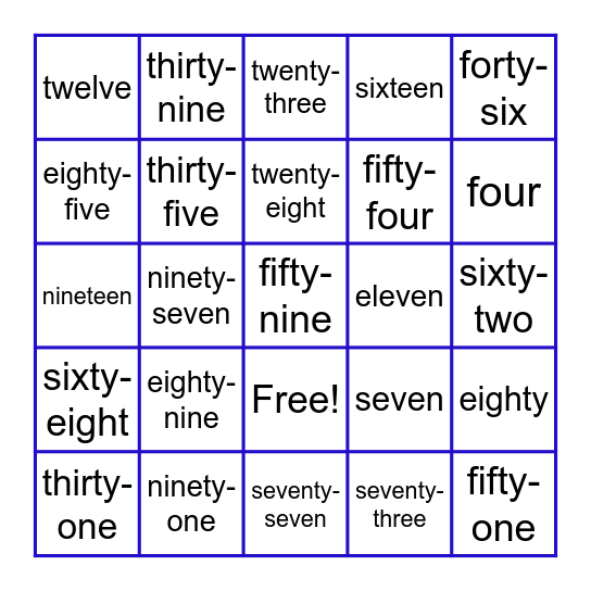 Number Words to 100 Bingo Card