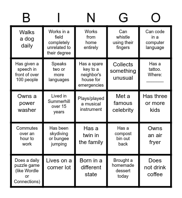 19th Annual Summerhill Block Party Bingo Card
