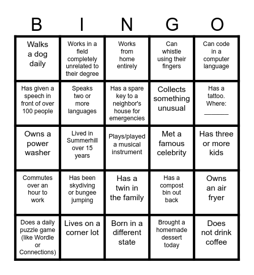 19th Annual Summerhill Block Party Bingo Card