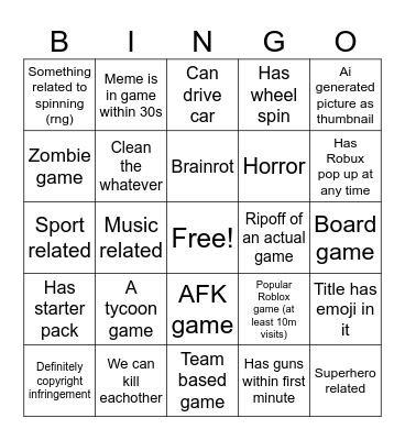 Roblox Bingo Card