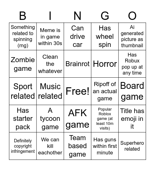 Roblox Bingo Card