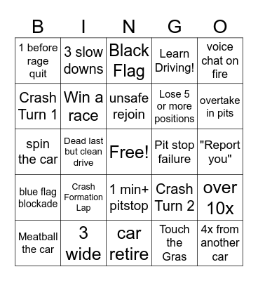iRacing RBR GT3 Bingo Card