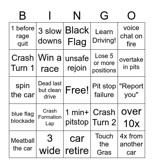 iRacing RBR GT3 Bingo Card