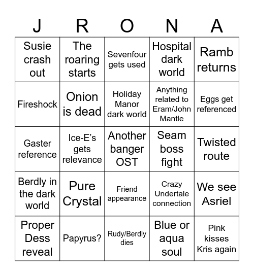 Deltarune chapter 6 Bingo Card