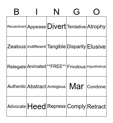 Vocabulary Bingo (Synonyms) Bingo Card