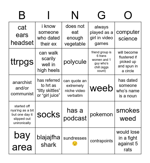 trans girl bingo Card