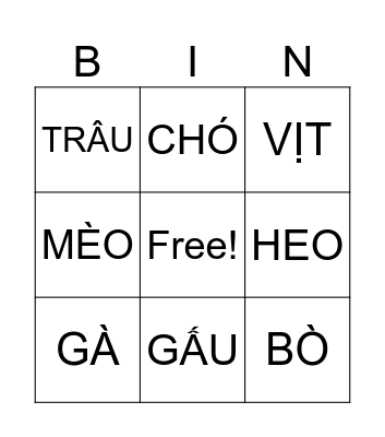 ĐỘNG VẬT Bingo Card