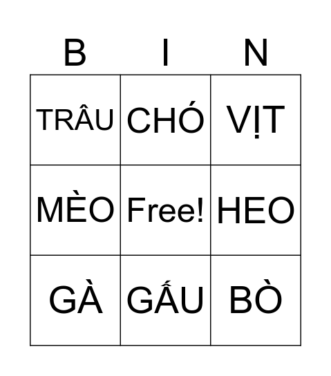 ĐỘNG VẬT Bingo Card