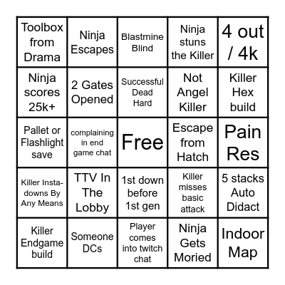 Dead By Daylight ~ Ninja5amurai Bingo Night Bingo Card