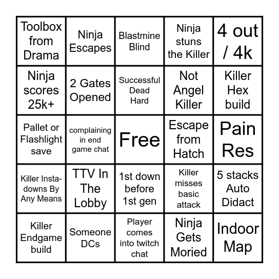 Dead By Daylight ~ Ninja5amurai Bingo Night Bingo Card