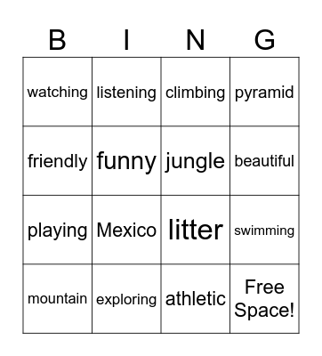 Week 1 vocab Bingo Card