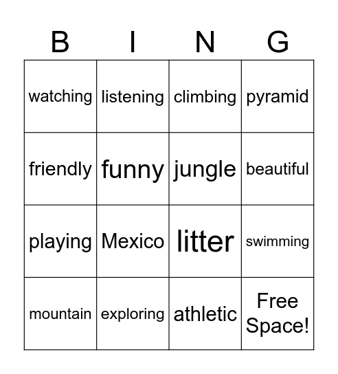 Week 1 vocab Bingo Card