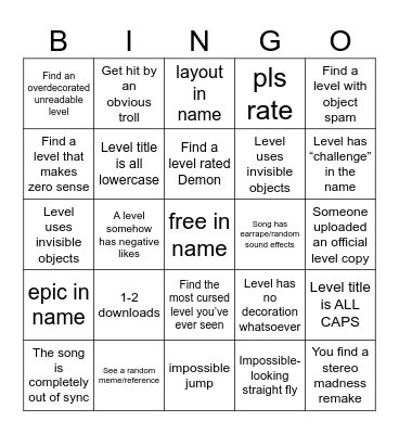 Geometry dash recent tab bingo Card