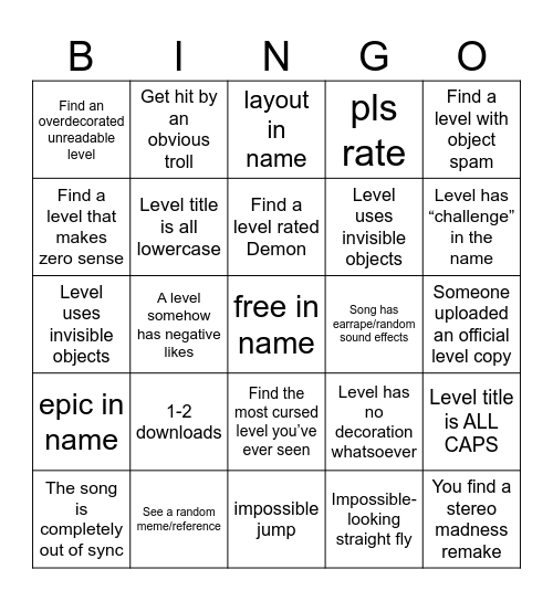 Geometry dash recent tab bingo Card