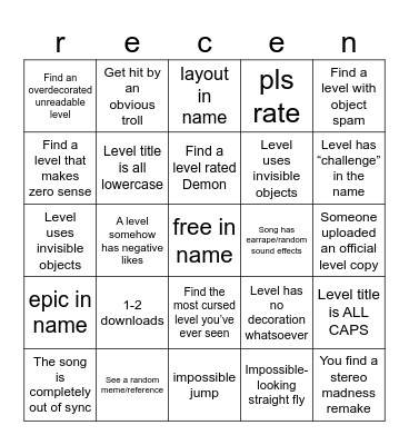 Geometry dash recent tab bingo Card