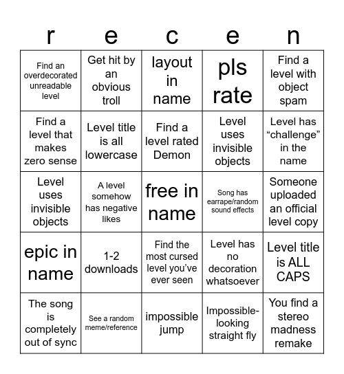 Geometry dash recent tab bingo Card