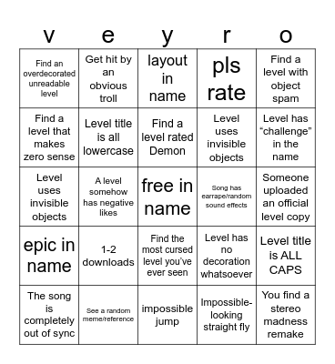 Geometry dash recent tab bingo Card