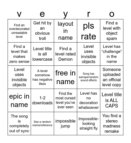 Geometry dash recent tab bingo Card