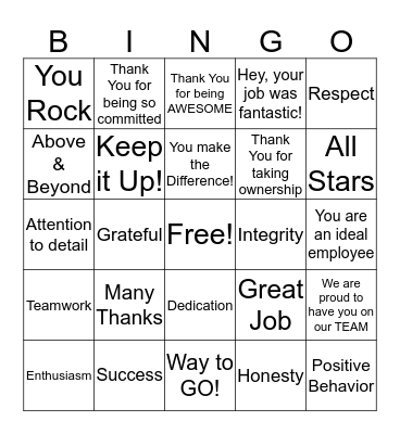 Employee Appreciation Bingo Card