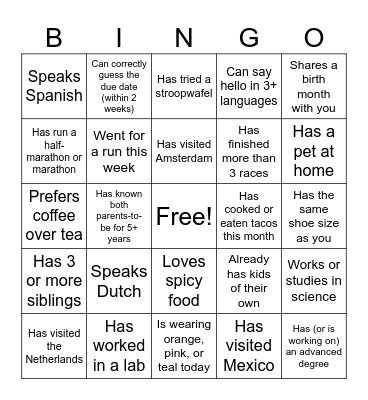 Magda & Matthijs Baby Shower Bingo Card